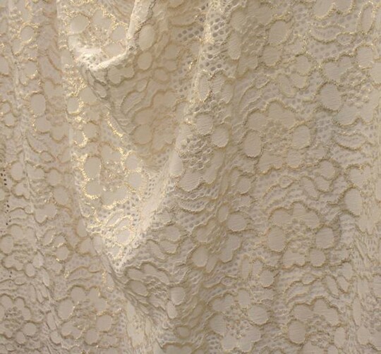 1 Yard Ivory Gold Foil Lace Fabric Lightweight 52/54" Wide Soft Apparel Material